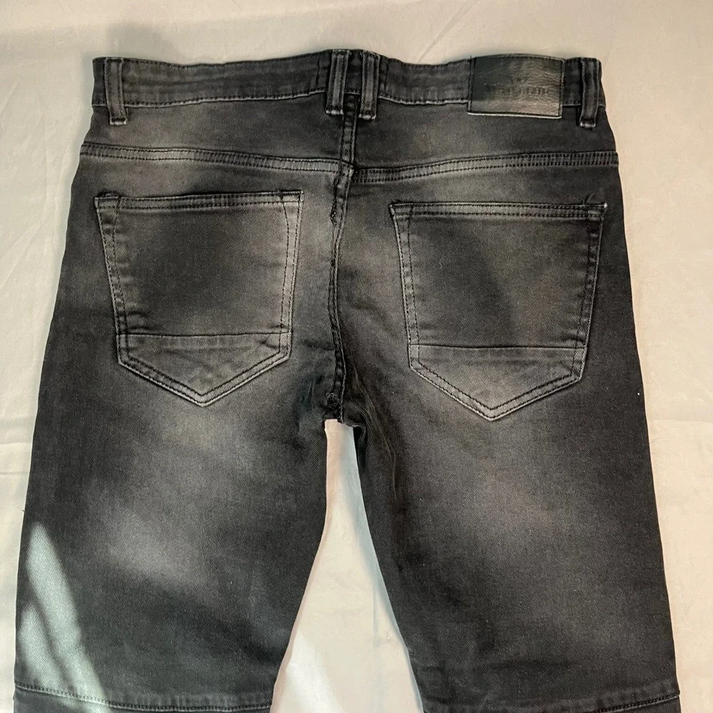 Mad Blue Mens Moto Biker Skinny Jeans Black Faded Ribbed Knee 32x33
